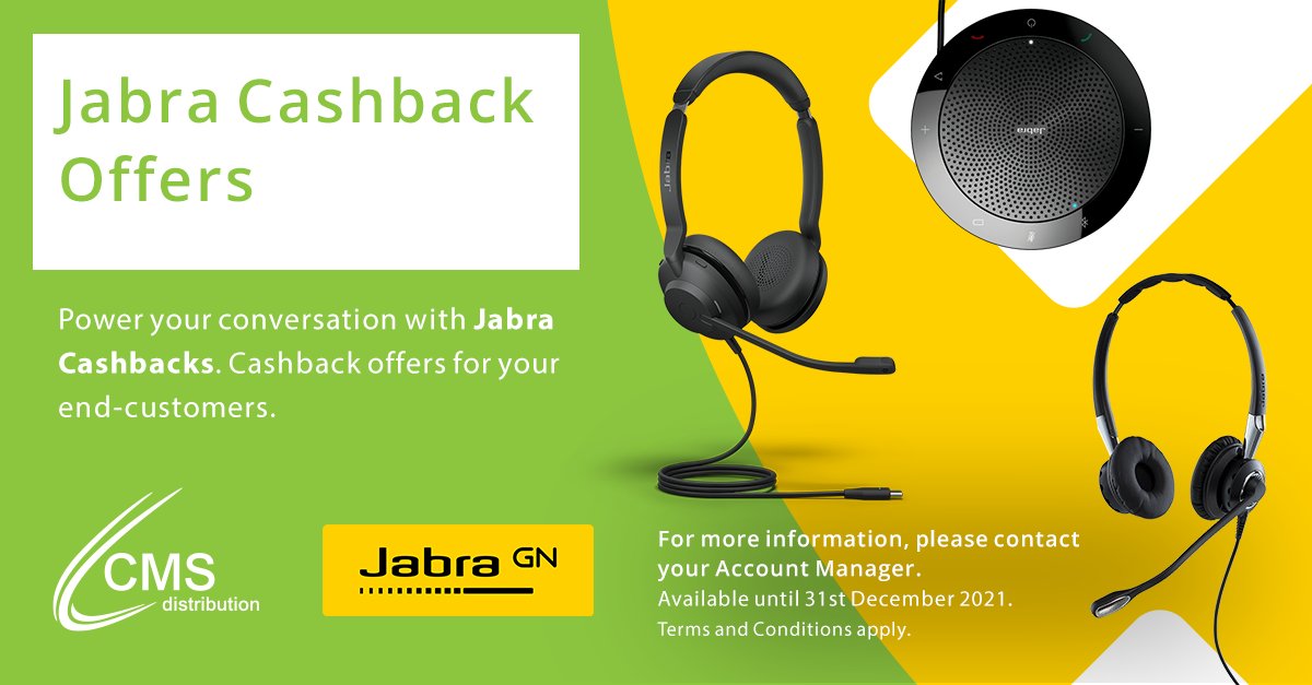 CMSDistribution's tweet photo. 🤩Your customers can enjoy up to £20 CASHBACK on selected products with Jabra's Cashback offers.
Learn more on how to claim: https://t.co/DGZu3mZCk2
#Jabra #Cashback #Headsets ##CMSDistribution #Headsets #Wireless #Speakerphones #USBHeadsets #JabraEvolve #JabraSpeak #Pro920 https://t.co/ToJZ6r87DI