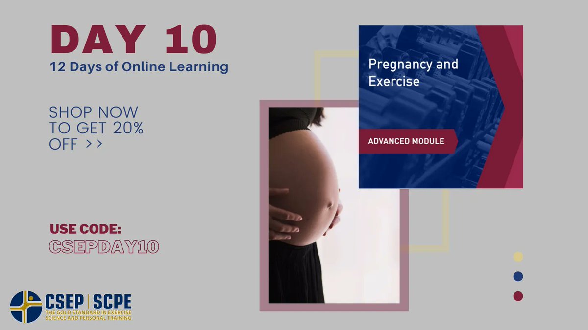 csep_scpe's tweet photo. It's Day 10 of #12daysofonlinelearning! Use code CSEPDAY10 to receive 20% off of the Advanced Module Pregnancy and Exercise. Happy shopping! https://t.co/E9JjMJumiQ