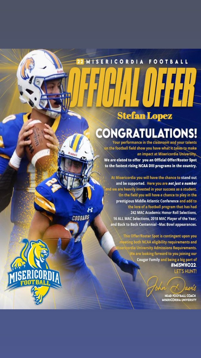 Grateful to receive my first offer from Misericordia University!🔵🟡 #MisWHO22 @MisericordiaHFC <a href="/coachvogelsang/">Patrick Vogelsang, M.Ed</a> <a href="/Coach_Mershman/">Coach Aaron Mershman</a> <a href="/Coach_Cottle/">Tyler Cottle</a> <a href="/Coach_McCrann/">Dalton McCrann</a> @CoachBWill1996 <a href="/coachporterWR/">David Porter</a>