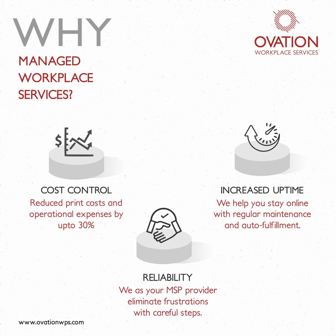 Ovationwps's tweet photo. Here are a few reasons on Why you should choose Managed Workplace Services:-
1-Cost Control
2-Increased Uptime
3-Reliability
For more details connect with us on https://t.co/xtAUyD8LD7
#ovationworkplaceservices #ovationwps #projectmanagementservices #technicalsupportservices https://t.co/KoKWc6iEBv