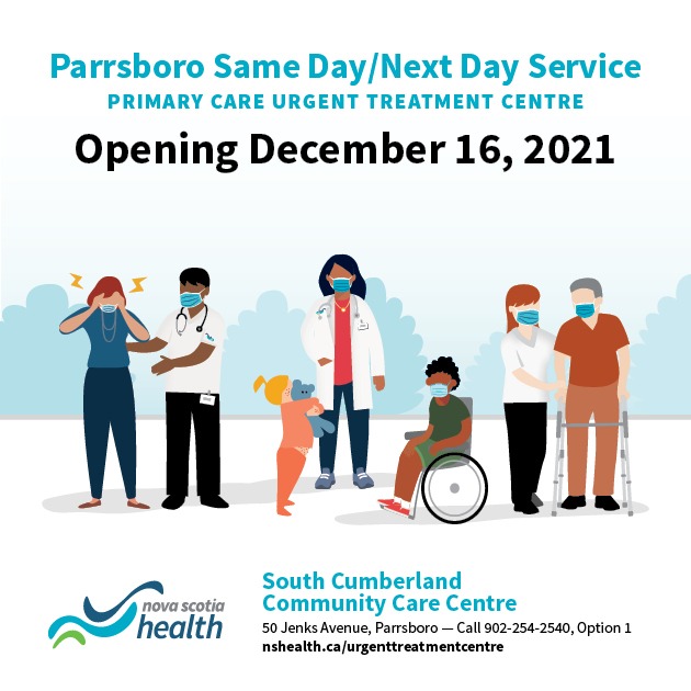 HealthNS's tweet image. The Parrsboro Same Day/Next Day Urgent Treatment Centre, opening Dec. 16,  is a new primary care service that provides care for those with unexpected, but non-life-threatening health concerns that require same or next day treatment.