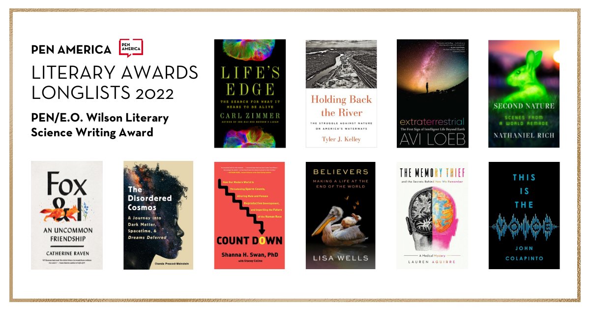 PENamerica's tweet image. We're honored to announce the longlist for the 2022 PEN/E.O. WILSON LITERARY SCIENCE WRITING AWARD, which recognizes work that exemplifies literary excellence &amp;amp; conveys complex concepts about physical or biological sciences to a lay audience: bit.ly/3IPcmFV #PENLitAwards