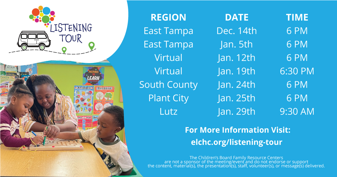 Early Education Providers! Meet with executive leadership of the Early Learning Coalition of Hillsborough County to lend your voice experience regarding the state of early #childhood #education in Hillsborough County.
#EarlyChildhoodEducation #VPK #Childcare #Teachers #workforce