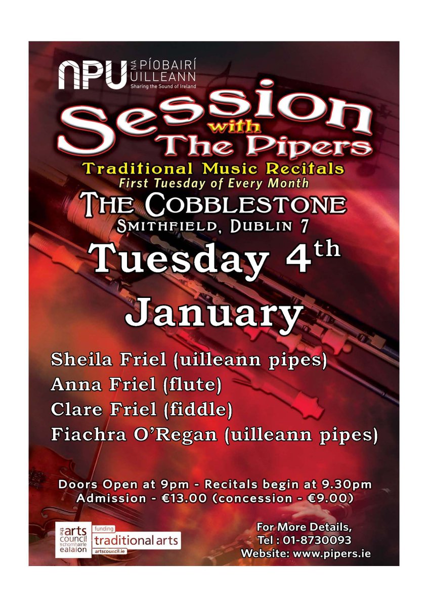 The next #SessionwiththePipers will take place in @CobblestoneDub on Tuesday 4th January at 9:30pm, doors open at 9pm
As there is limited capacity, booking is essential. Tickets are available on Eventbrite from 4pm today Wednesday 15th December and cost €13/€9
@artscouncil_ie