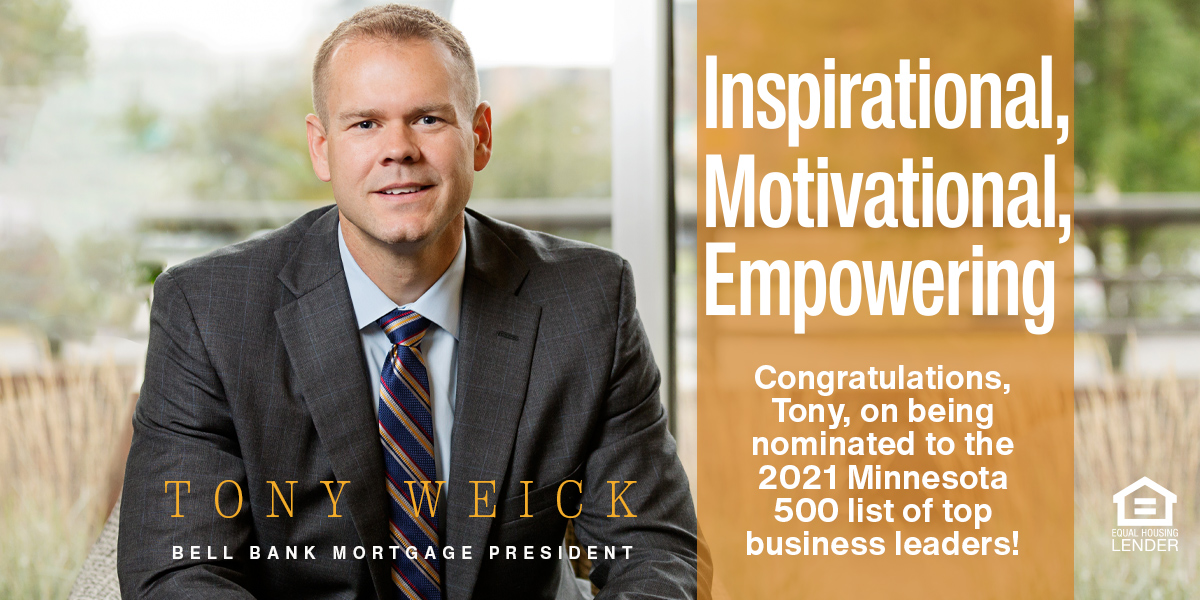 gobellbanks's tweet photo. Congratulations to Tony Weick, #BellBankMortgage division's president, for another recognition as Minnesota 500 top business leaders. You truly are the best in the business! ๐๐
#beboldbebell #minnesotaleaders https://t.co/gHfF1EVM8k