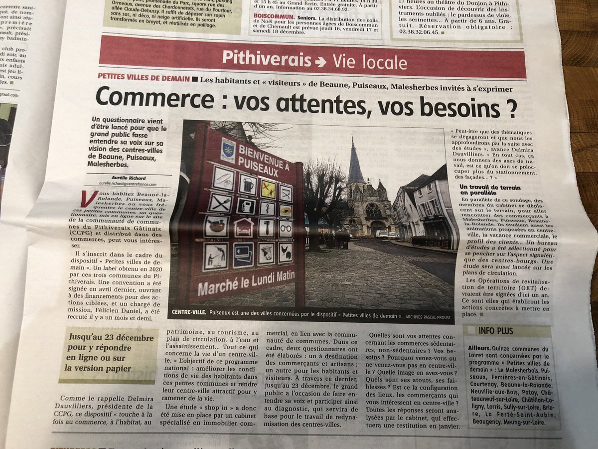 Dans le cadre du programme #PetitesVillesDeDemain la Banque des Territoires finance une étude sur les attentes des commerçants et des consommateurs de Beaune la Rolande, Puiseaux et Malesherbes
#relance #commerce
<a href="/ANCTerritoires/">Agence nationale de la cohésion des territoires</a> <a href="/BanqueDesTerr/">Banque des Territoires</a> <a href="/grossatmignod/">Rossat Mignod Gisele</a> <a href="/larep_fr/">La République du Centre</a> <a href="/CCILoiret/">CCI Loiret</a>