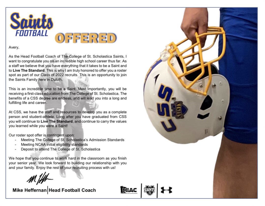 I’m very excited and blessed to announce that I’ve received my 2nd offer to play football for <a href="/CSSSaintsFB/">Saints Football</a>! Thank you <a href="/Coach_Heffernan/">Mike Heffernan</a> and <a href="/CoachCrowle/">Coach Nick Crowle</a> for helping me through the process! #LiveTheStandard