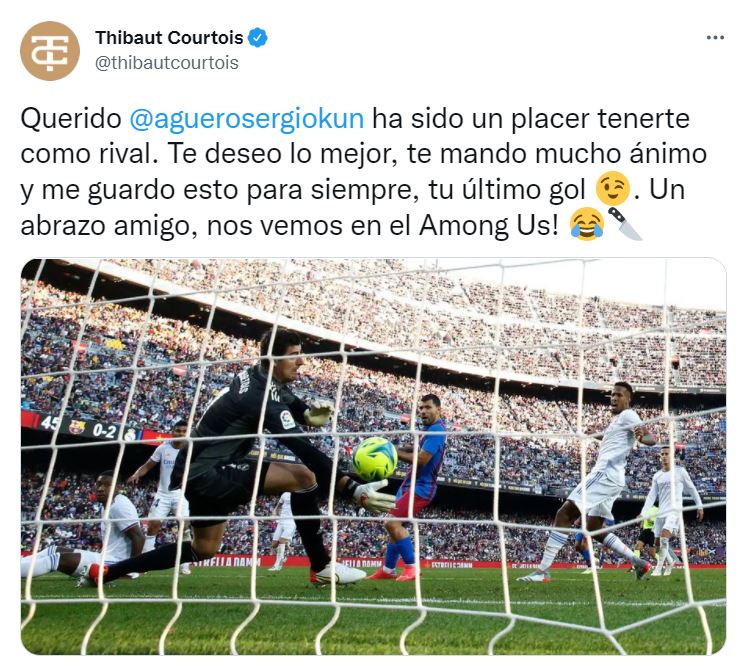 ❤️El cariñoso mensaje de COURTOIS a AGÜERO:

😉"Me guardo para siempre tu ÚLTIMO GOL".

🤣"Nos vemos en el Among Us".