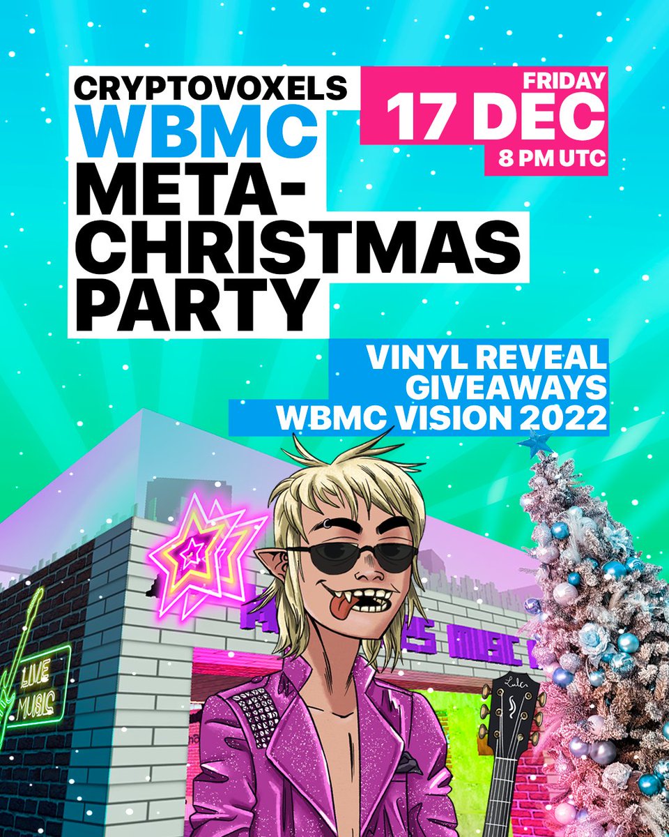 🎄CHRISTMAS METAVERSE PARTY🤩

📅 Friday, DEC 17
🕗 8pm UTC 
⭐️VENUE: cryptovoxels.com/play?coords=NE…

- VINYL REVEAL 📀
- Christmas presents 🎁
- Stunning updates and exciting news 🍾
- Music and Christmas vibes 🎉

how thrilled are you?