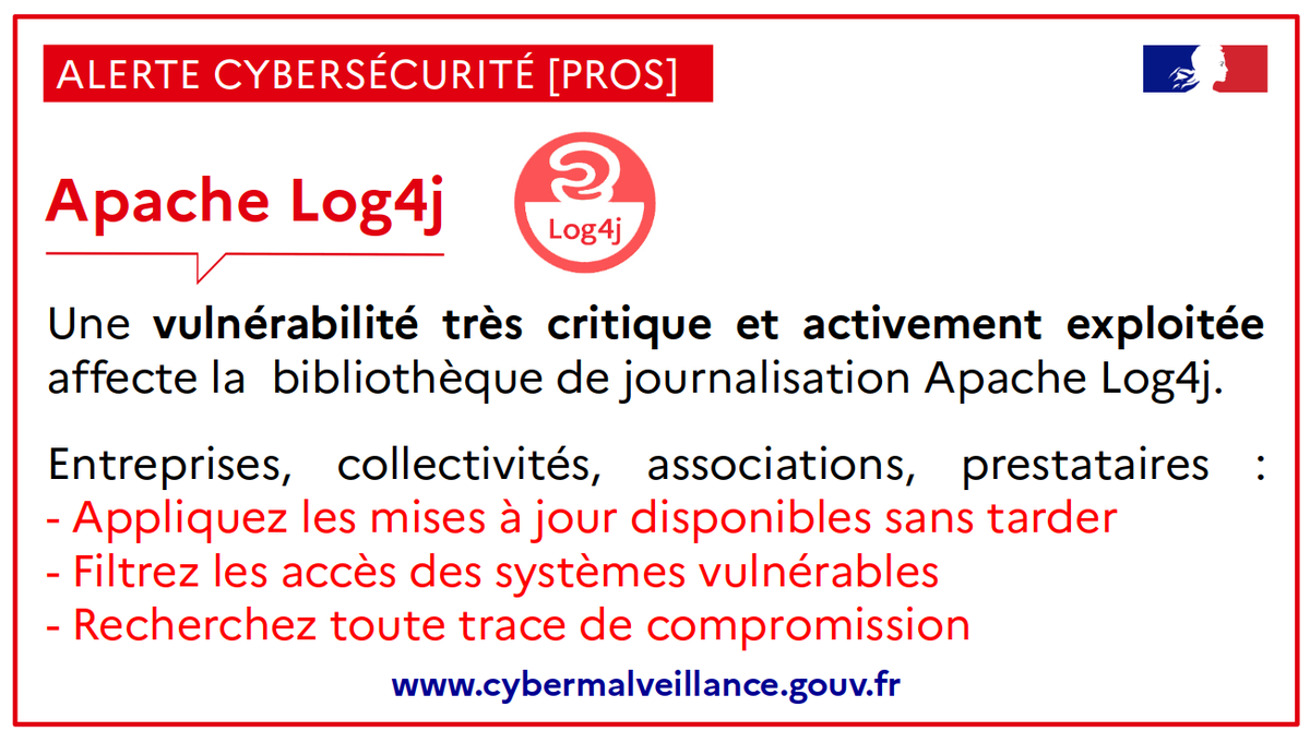 cybervictimes's tweet photo. 🔴[#ALERTE #Cybersécurité] Une #vulnérabilité très critique est activement exploitée dans Apache #Log4j

🛡️ #Entreprises, #CollTerr, #prestataires : appliquez les mises à jour disponibles sans tarder !

👉 +infos : https://t.co/z0cRL3SHBL

CVE-2021-44228 #Log4Shell #ApacheLog4j https://t.co/MtruQ77Xg7