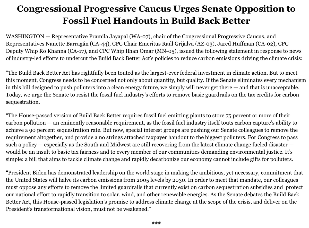 Screenshot of CPC statement from Representative Pramila Jayapal (WA-07), chair of the Congressional Progressive Caucus, and Representatives Nanette Barragán (CA-44), CPC Chair Emeritus Raúl Grijalva (AZ-03), Jared Huffman (CA-02), CPC Deputy Whip Ro Khanna (CA-17), and CPC Whip Ilhan Omar (MN-05).