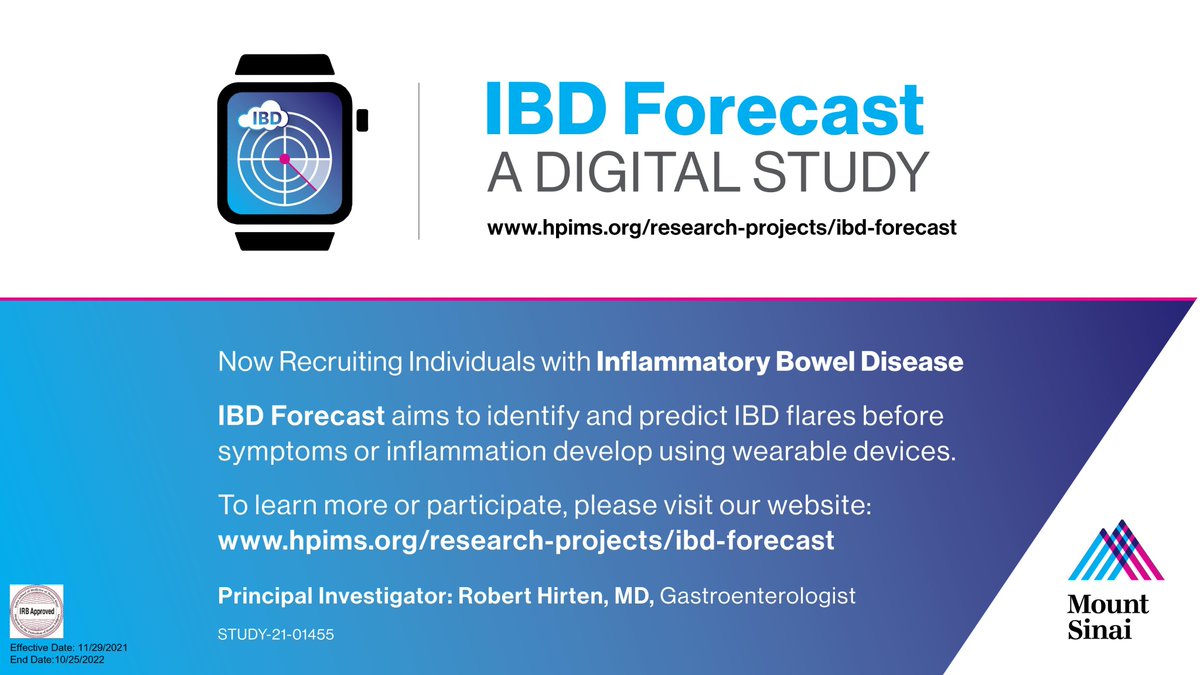RobertHirten's tweet photo. Help spread the word about the @IBDforecast wearable device study. Enrolling any individual in the U.S. with inflammatory bowel disease, 18 years of age and older, who has a wearable device. It takes just a few seconds a day to participate. For more info: https://t.co/HYXaHmQwBN https://t.co/SKU2Z8ro8f
