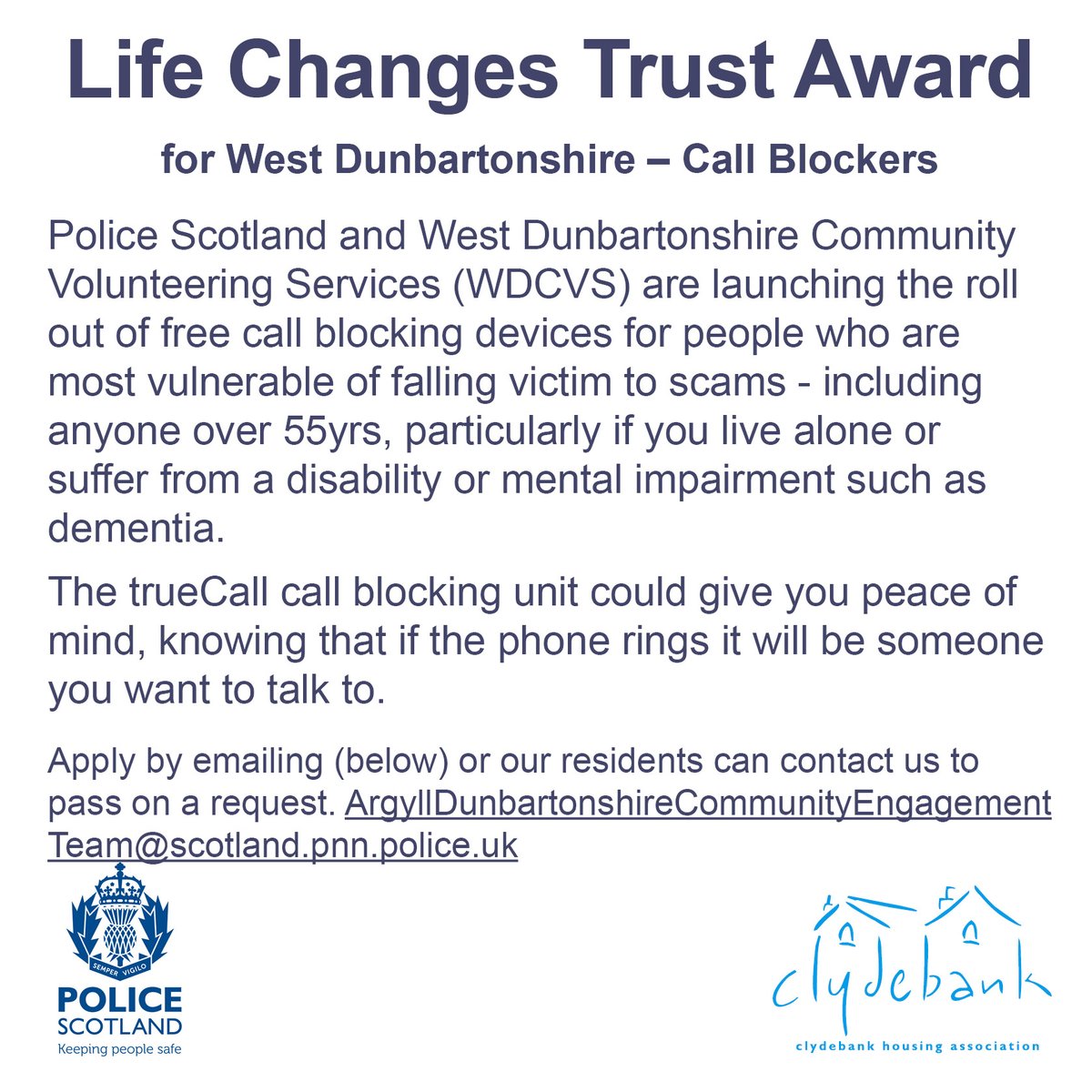 clydebankha's tweet photo. @AButeWDunbarPol and @WDCVS get funding to launch roll out of free call blocking devices for those most vulnerable to phone scams ☎️🚫 https://t.co/n3HcozpnyW