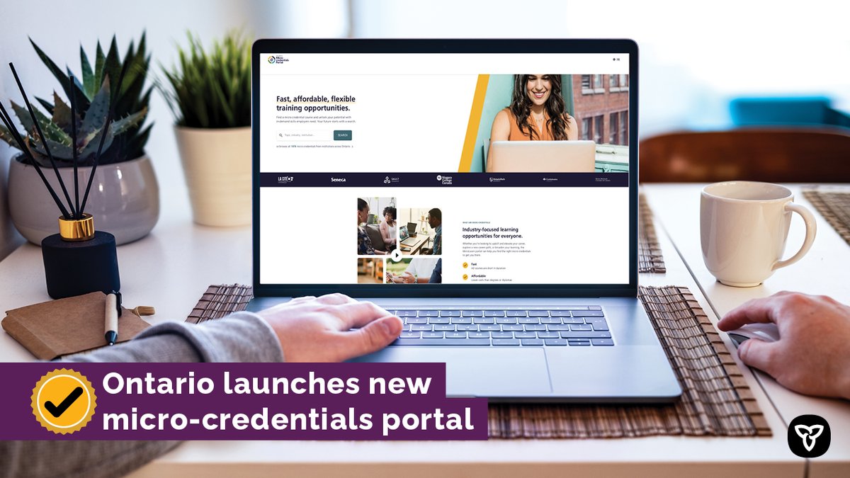 ONtrainandstudy's tweet photo. Ontario’s new micro-credentials portal is now live! Explore rapid training opportunities in one place. Hundreds of micro-credentials are now listed, with more being added regularly. https://t.co/fzSrDe0lav #microcredentialsON https://t.co/I13vBl2a8F