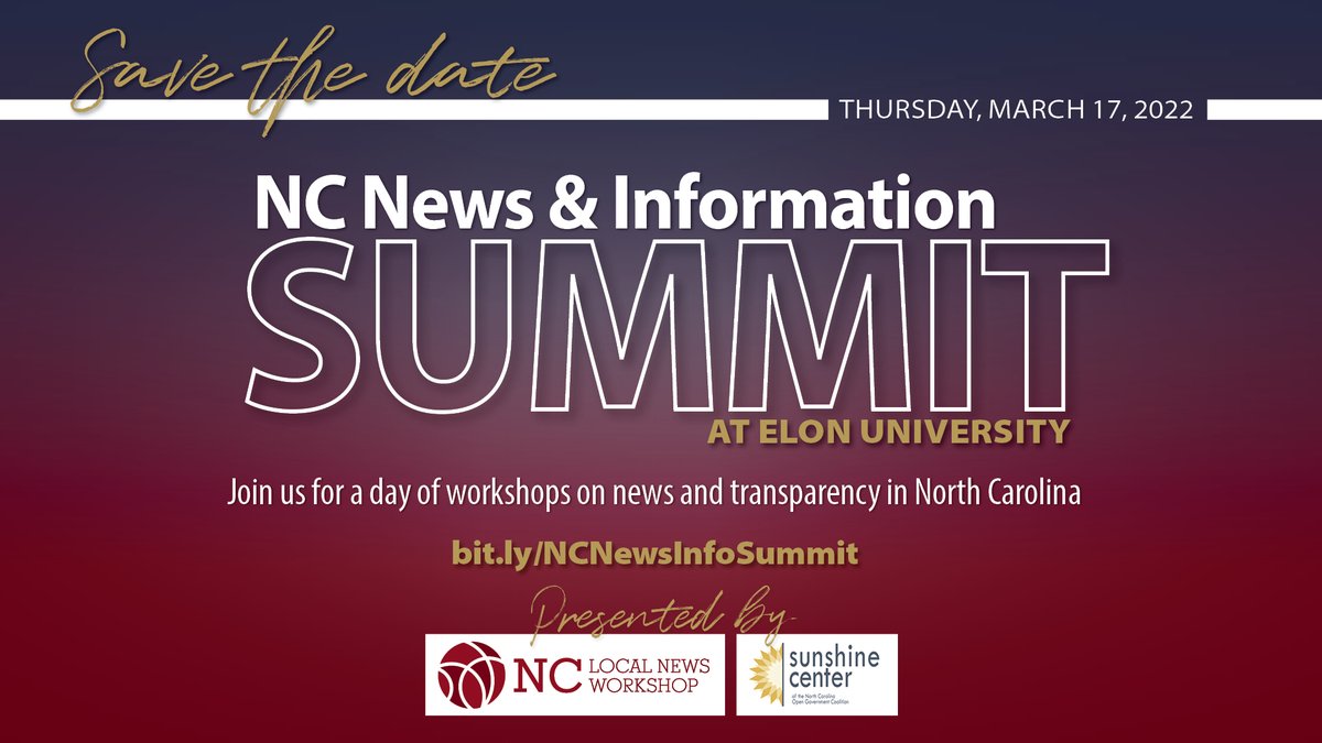 🔈We have some exciting news to share!🔈 
Together with <a href="/NCOpenGov/">NC OpenGov</a>, we're hosting the 2022 NC News &amp; Information Summit <a href="/elonuniversity/">Elon University</a>! Save the date now: March 17, 2022, and sign up here for updates on registration and how YOU can participate: airtable.com/shrD4j90hv6t5H…