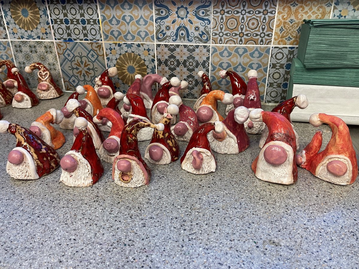 ArtDeptStMarys's tweet photo. Move over Elf on the Shelf! Year 10 worked really hard and made the most spectacular Christmas Gonks. We think they look like they came from Santa's Workshop. Well done year 10! #PinkNoses #BobbleHats #WhiteBeards #CreativeLearning https://t.co/aYzTefnhwK