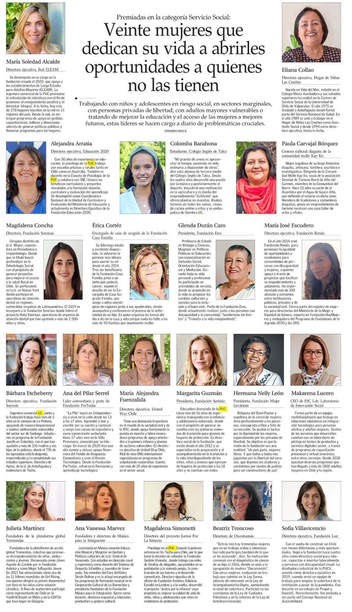 ¡La #UC tiene rostro de mujer! 💪💜 Felicitamos a las más de 20 #AlumniUC, académicas e investigadoras de nuestra universidad que fueron premiadas dentro del especial "100 mujeres líderes" de @ElMercurio_cl. 📰Revisa más sobre esta iniciativa acá: bit.ly/3pVZnJX