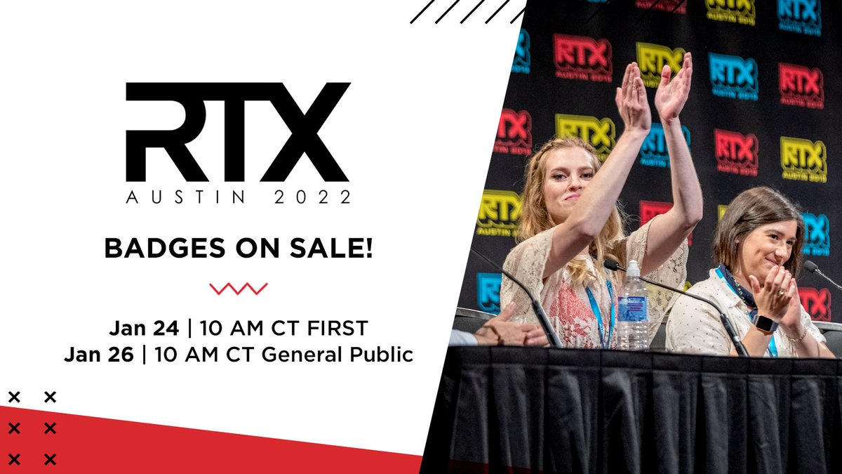 RTXEvent's tweet photo. 📣 The news you've all been waiting for! #RTXAustin badge on sale info 📣

FIRST Members - Monday, Jan. 24, 10AM CT
General Public - Wednesday, Jan. 26, 10AM CT

Early bird rates through Feb. 14, 10 AM CT

More Badge Info: https://t.co/MOSogRBAT6 https://t.co/tUjMGo1mcO