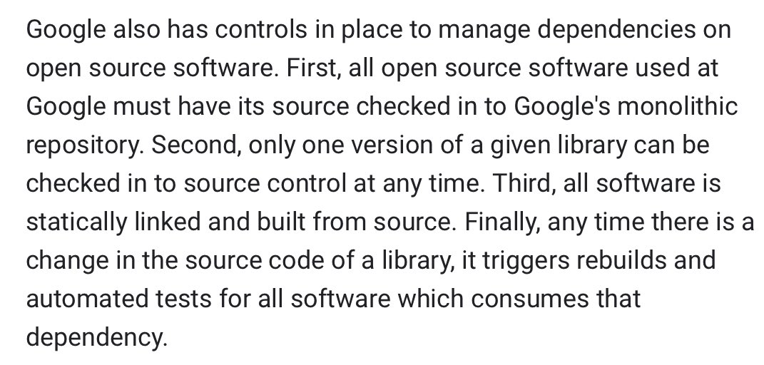 There are definitely trade-offs involved in having a monorepo, but when something like the log4j vuln comes along it makes it 1m times easier to find and fix impacted services. Attached from cloud.google.com/architecture/d…