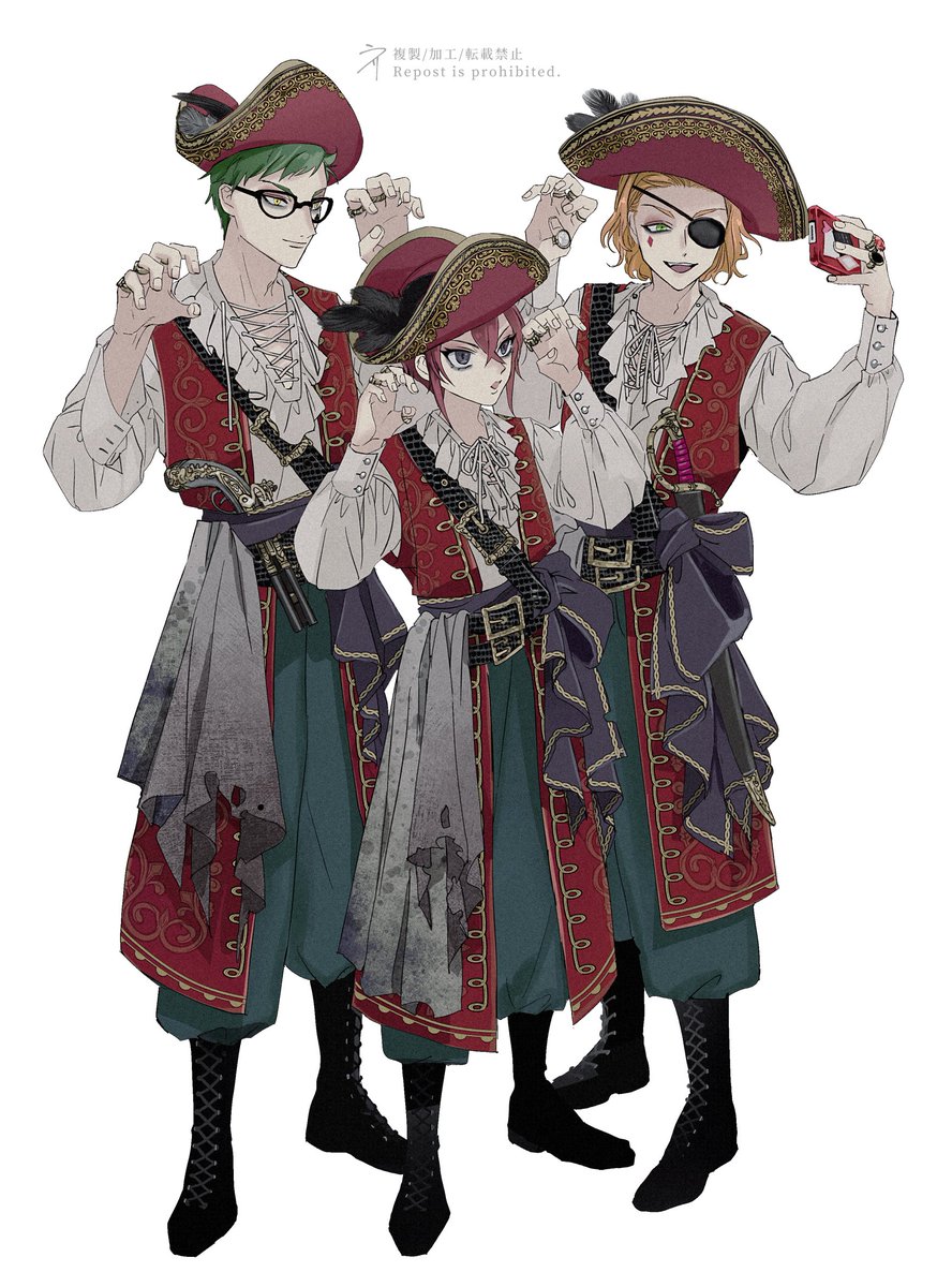 multiple boys hat green hair eyepatch white background male focus boots  illustration images