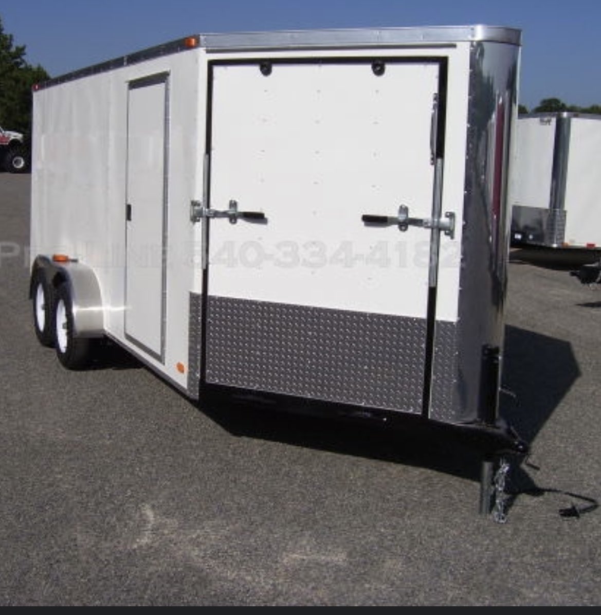 warnershelly2's tweet photo. My enclosed trailer went missing from my shop last night between 530 pm and 7 am. It is similar to the one in the photo. 7x20 drive through, white in color. SK plate 746LBZ. There is minor cosmetic damage to the chrome nose cap. Please keep an eye out for it. Thanks. https://t.co/7hDKyWEE5R