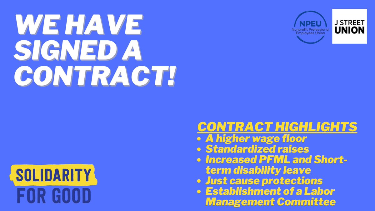 jstreetunion's tweet photo. We are thrilled to share that we have a contract! After over a year at the bargaining table we signed a strong union contract with @NonprofitUnion! We are so proud and truly couldn’t be more excited! https://t.co/aR3zCsgaFY