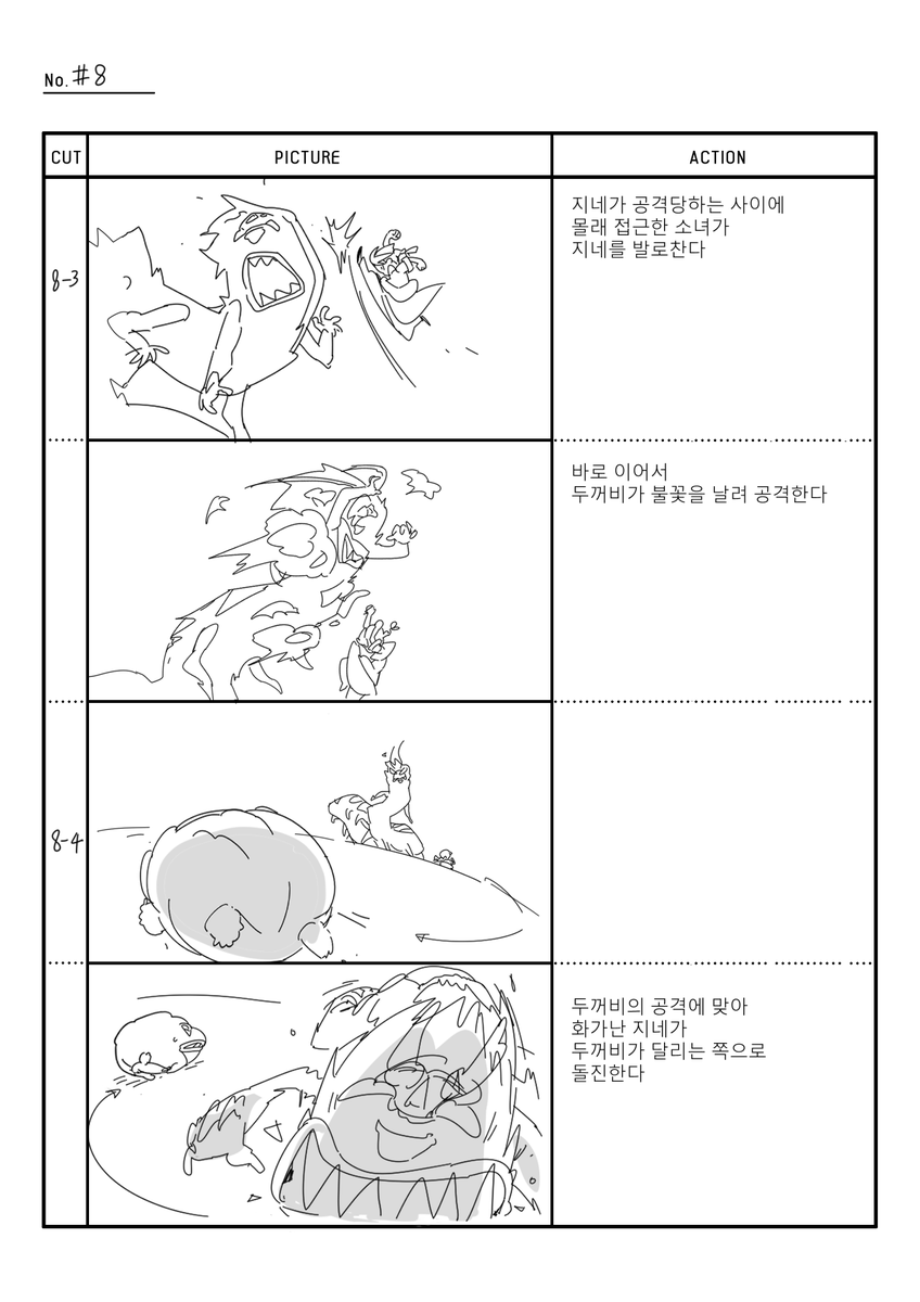특히 삭제된 컷들 중
정말 작업해보고싶었던 전투씬 스토리보드 일부분... 