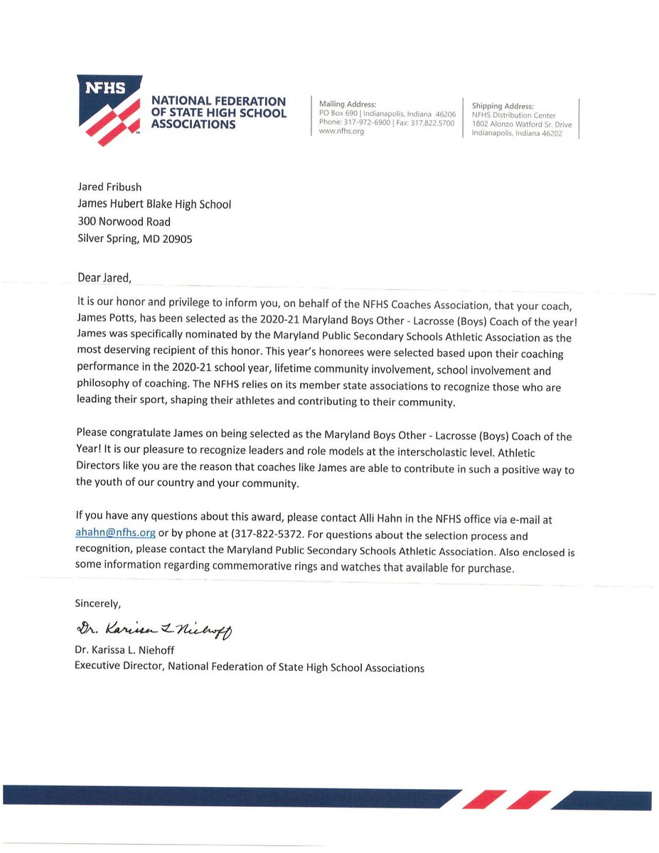 Congratulations to Coach Potts on being named NFHS Maryland Boys Lacrosse Coach of the Year for 2020-2021! Coach Potts was nominated after he led the Bengals to our first Region Championship in program history in Spring 2021. Very deserving award! <a href="/Blake_Lacrosse/">Blake Boys Lacrosse</a> <a href="/NFHS_Org/">NFHS</a>
