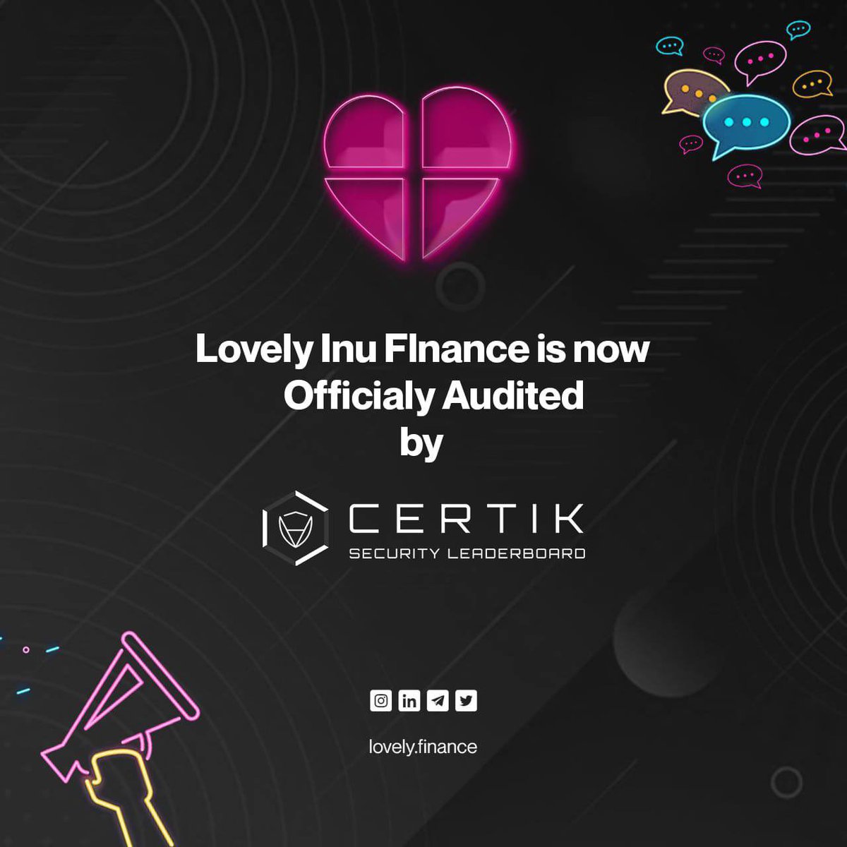 LFLabsToken's tweet photo. Hello Community!
Our most awaited time has now come to an end! Our project Lovely Inu Finance is now officially audited by Certik! https://t.co/Q59eWLEzoL