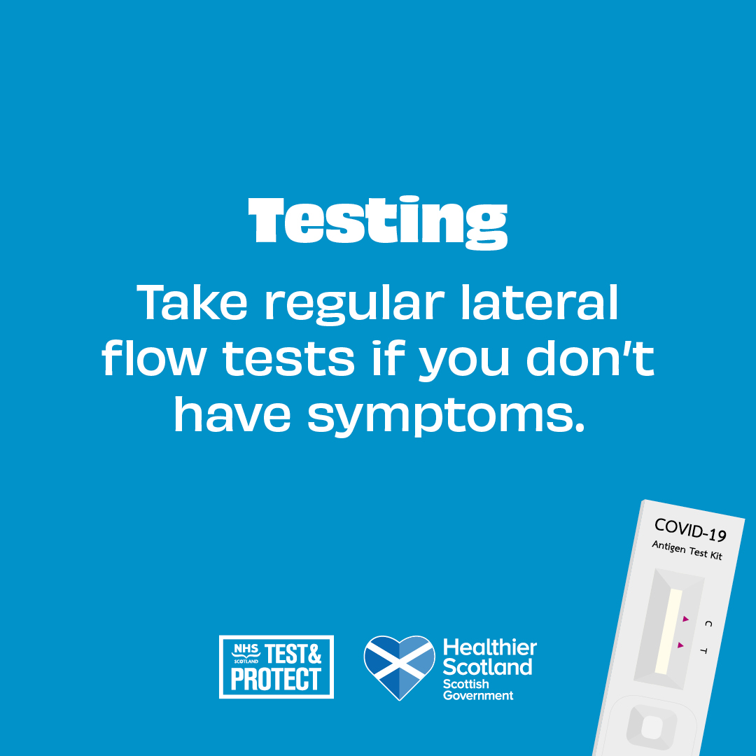 We are encouraging everyone to do lateral flow tests before socialising with others this winter. This will help reduce the spread of the virus and the pressure on the NHS.

If stock is low at your pharmacy, order your free pack of tests at nhsinform.scot/testing, or call 119.