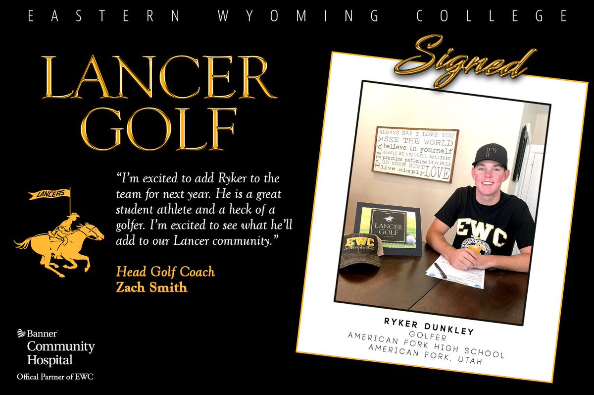 EasternWyoming's tweet photo. “My name is Ryker Dunkley, I am a Senior at American Fork High School in American Fork, Utah. I am thrilled to have the opportunity to play golf at EWC and to be apart of the team. Can’t wait to begin my college golf journey.”
#EWC #EasternWyomingCollege #LancerGolf #NJCAAGolf https://t.co/lFEeTRPe9u