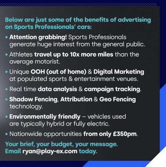 playexsports's tweet photo. Sports Professionals generate a huge amount of interest from the general public. Play-Ex can help your brand leverage this attention with our unique marketing opportunity.

Message us or email ryan@play-ex.com for more info 🚘 

#socialmediamarketing #sportsmarketing #advertising https://t.co/2tmFZzk7Eg