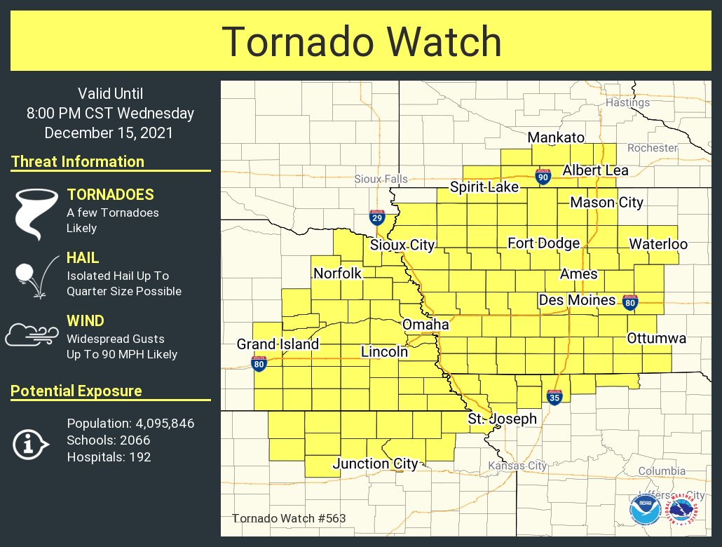 A tornado watch has been issued for parts of IA, KS, MN, MO, NE, SD until 8 PM CST