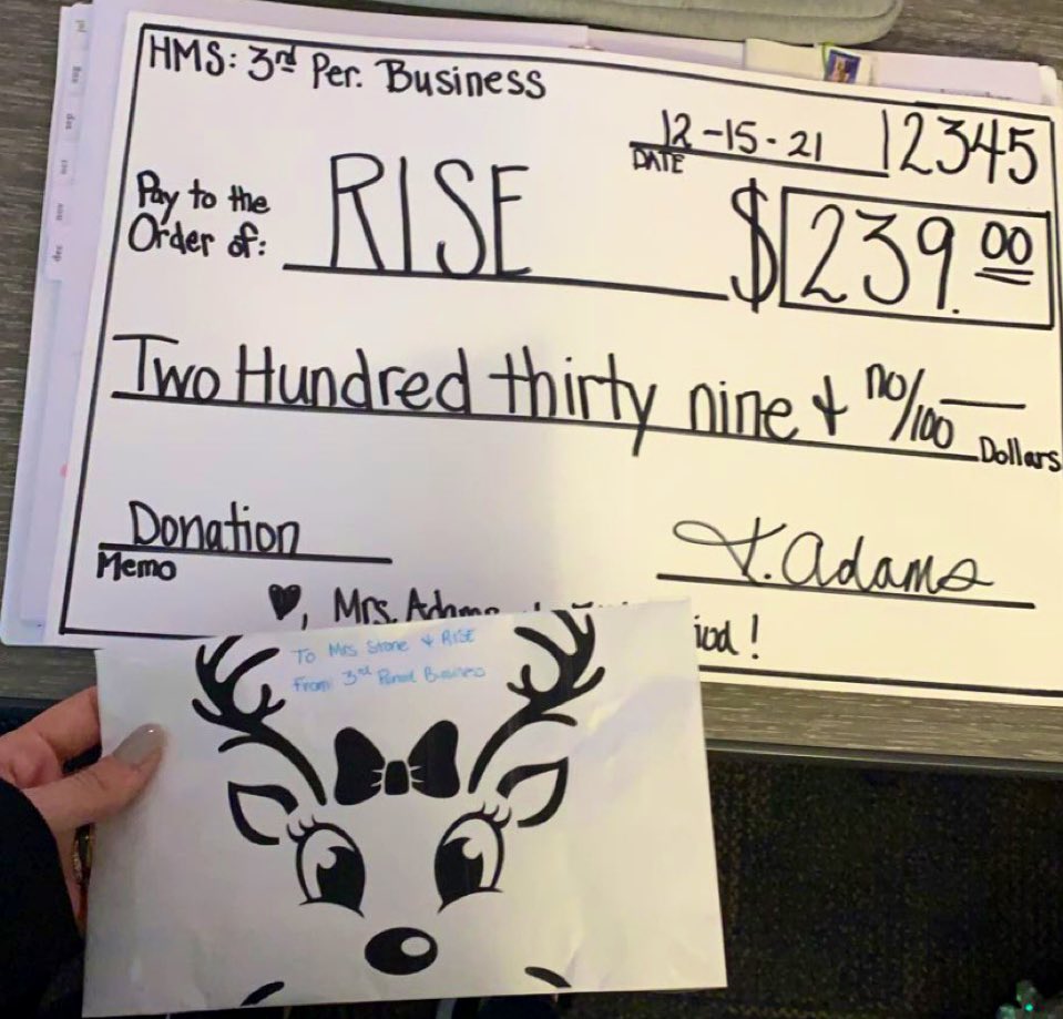 MrsStone2019's tweet photo. @KatieAdams_HMS business class raised $239.00 for the RISE students to spend on supplies we need! Thank you SO MUCH for your donation! We appreciate you all!❤️ https://t.co/CvBZPNwKfR