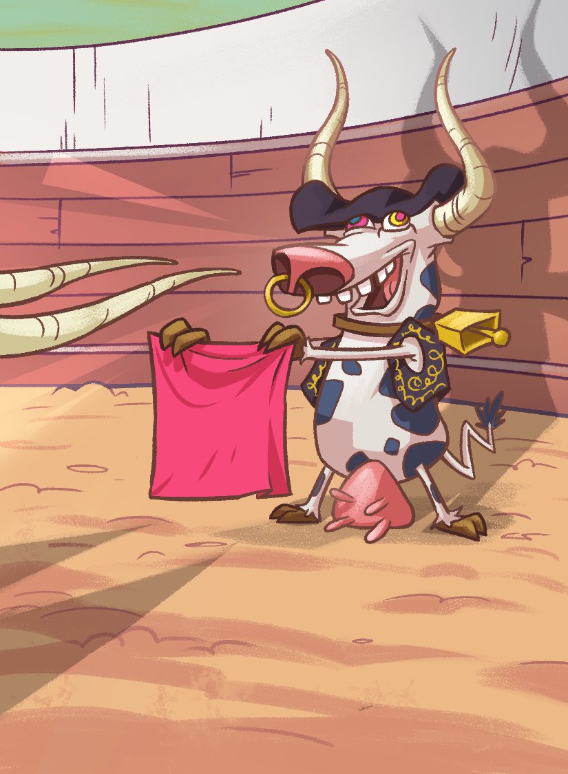 A rare glimpse into the depraved hobbies of the Mad Cow in the artwork for the "Olé!" Quirk.
#boardgames #cartoonart #cartoon