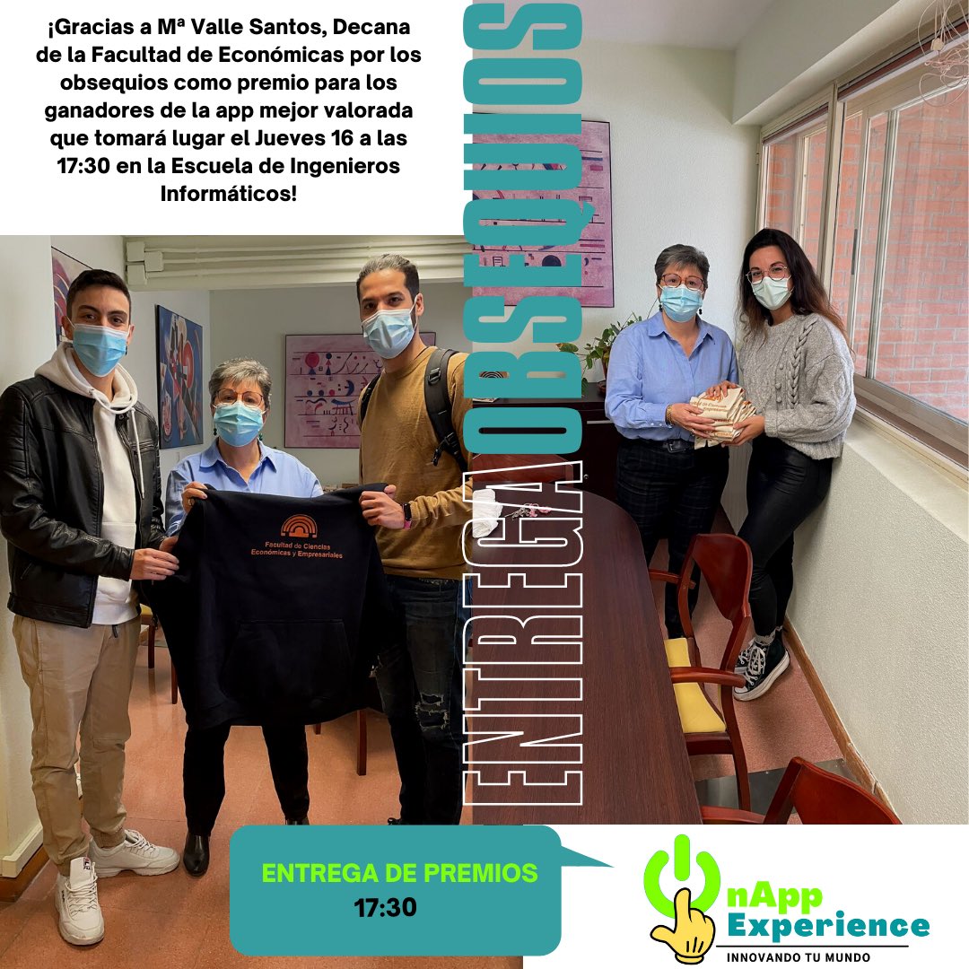 Ya tenemos los obsequios que serán entregados a la app mejor valorada mañana jueves 16 de diciembre a las 17:30 en la Escuela de Ingenieros Informáticos!! 🥳🎁

Muchas gracias a María Valle Santos,Decana de la Facultad de Ciencias Economicas y Empresariales😃