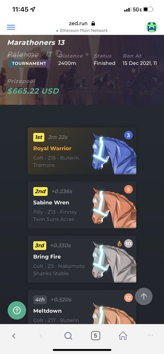 Wow!!! Royal Warrior takes home first place in the Quarter Finals for <a href="/zed_run/">zed_run</a> - this is why these tournaments for smaller stables/weak horses is awesome. I would never have a chance in a regular tournament. Huge shoutout to <a href="/ZedRetroRacing/">💿Retro Racing💿</a>  !!