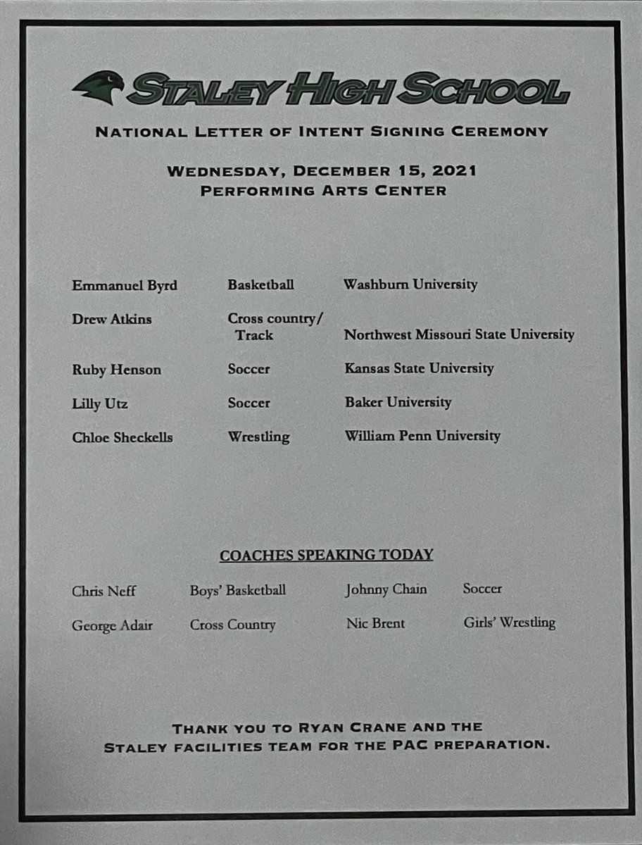 Congratulations to our five students signing National Letters of Intent today! <a href="/NKCSchools/">NKC Schools</a> <a href="/N2SportsStaley/">N2Sports Staley</a> @StaleyNews <a href="/KCStar/">The Kansas City Star</a> @northlandbuzz @SpecSportsKC <a href="/810varsity/">810 Varsity</a>