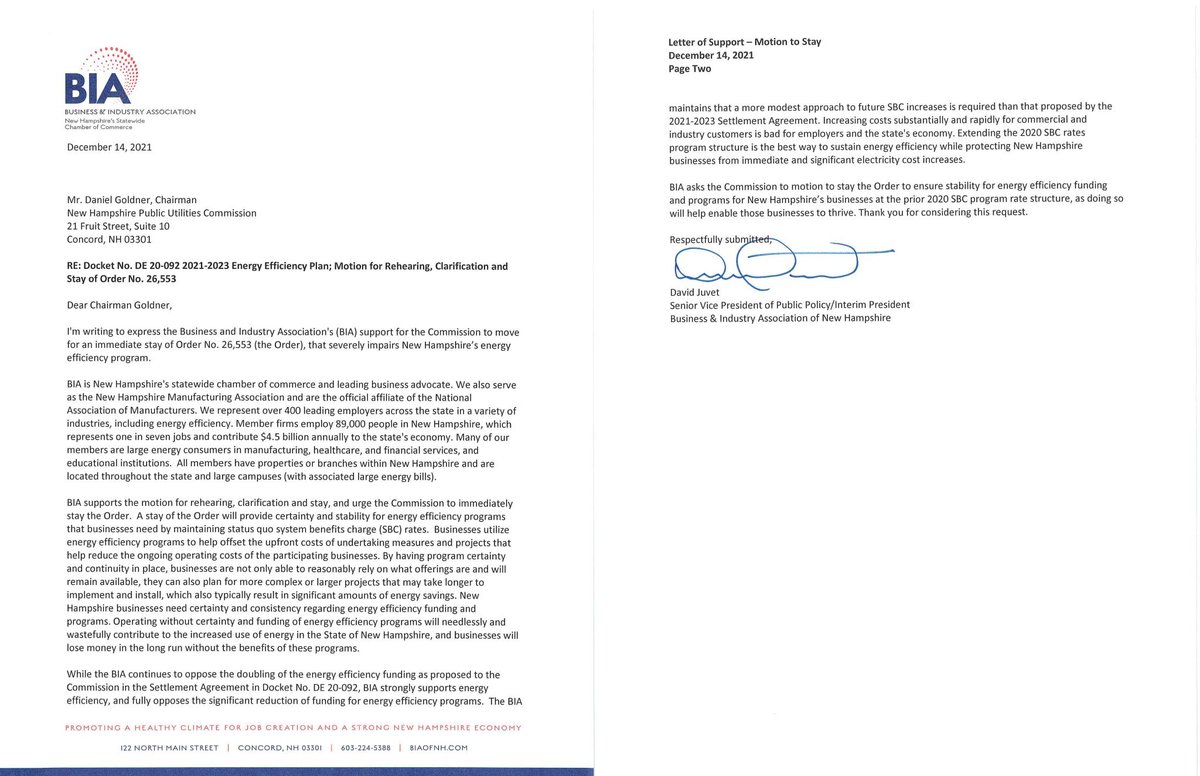 CleanEnergyNH's tweet photo. Letter of support from the @BIAofNH for the PUC to move for an immediate stay of their November 12th order "that severely impairs #NH's #energyefficiency program." #workforce #economy #energy #cleanenergy #cleanenergyNH @NHSaves https://t.co/34vuqJPJMG