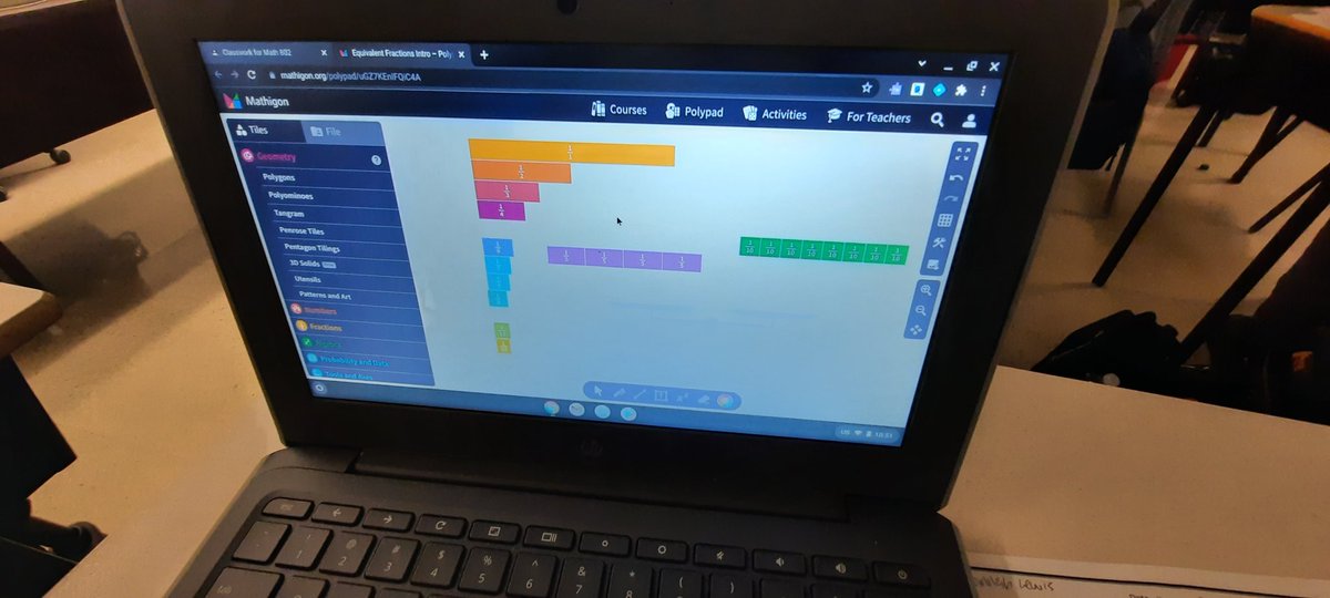 MrSimpsonMath's tweet photo. Using polypad on @MathigonOrg today to review equivalent fractions with the grade 8s. So many different tools that could be used. We will certainly be using polypad again. https://t.co/aYnBIEtDI1