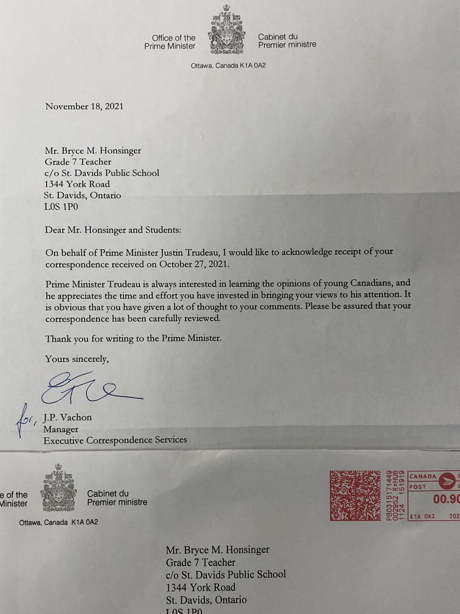 BryceHonsinger's tweet photo. @StDavidsSch It is a special day when the Prime Minister’s Office acknowledges the receipt and review of your letters concerning Residential Schools in Canada.  Well done students! https://t.co/QPRyvkYPE4