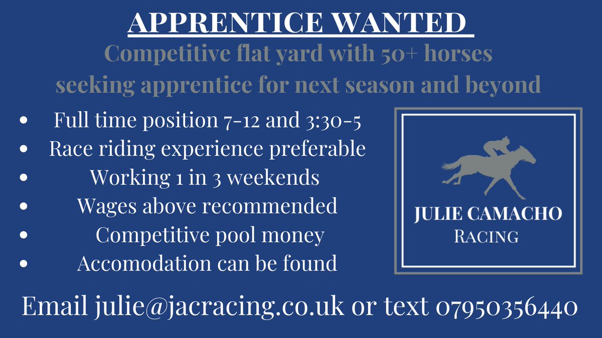 **APPRENTICE WANTED**

We have 50+ flat horses for next year so there will be plenty of chances for the right person. 

Race riding experience preferable. 

Based Malton, North Yorkshire. 

Please message if interested as we are currently in Dubai. 

Please retweet!
