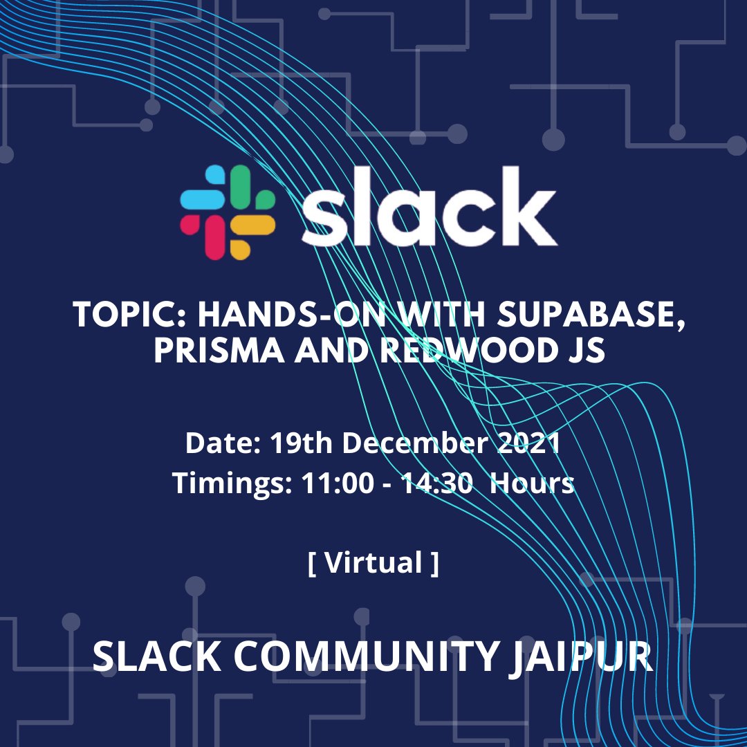aggmoulik's tweet image. Hey Guys, Join me on the road to knowing the best framework I have ever seen @redwoodjs @prisma @supabase  with the Slack Community Jaipur. 

RSVP: slackcommunity.com/events/details…

#javascript #redwoodjs #slack #community