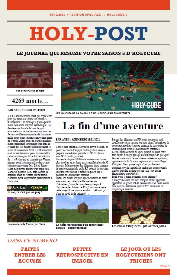 The_Holy_Post's tweet photo. HOLY-POST DU MERCREDI 15 DECEMBRE. 
Aujourd'hui dans l'Holy-Post: une édition spéciale #Holycube 5, histoire de vous rendre nostalgique juste avant la sortie de la saison 6.

Le journal ainsi que les archives sont disponibles sur https://t.co/lu8z6ECqOl https://t.co/Knez1ZQCd4