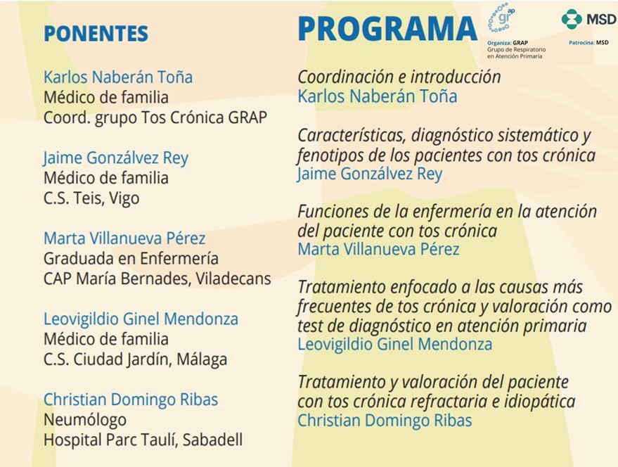 msd_es's tweet photo. ¿Le interesaría conocer más acerca del diagnóstico de la tos crónica? Este y muchos otros temas de interés, se abordarán en el webinar del Grupo Respiratorio de Atención Primaria mañana de 18:30 a 20:00. Inscríbase aquí  https://t.co/PS8HEmx3hp https://t.co/uqp5RZ7Dgg