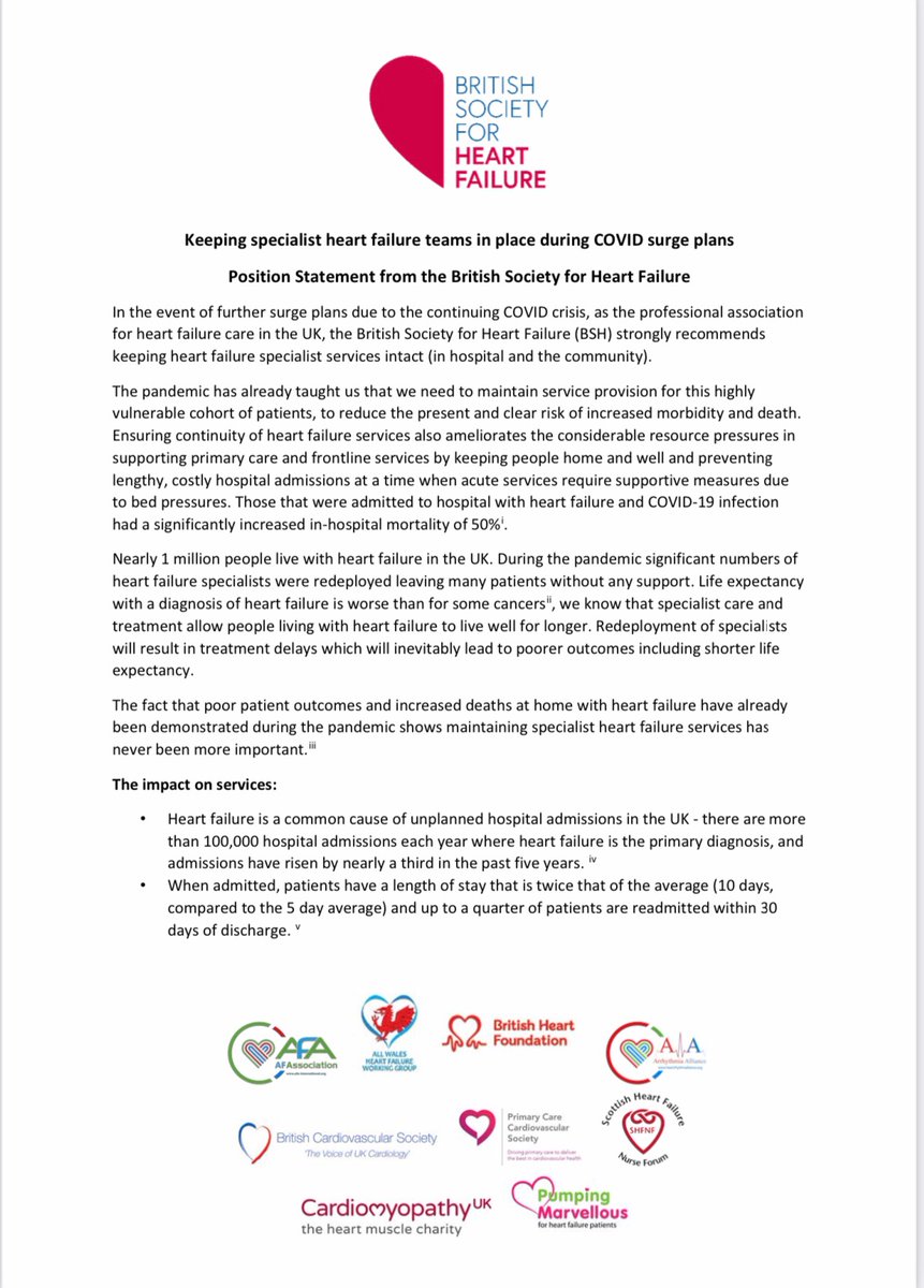 ATTENTION HF TEAMS: Keeping specialist heart failure teams in place during COVID surge plans. A Position Statement from the British Society for Heart Failure... bsh.org.uk/resources/bsh-… #Freedomfromfailure #theFWord @TheBHF @pumpinghearts @WelshHFNF @ScottishHFNF @PCCS_UK