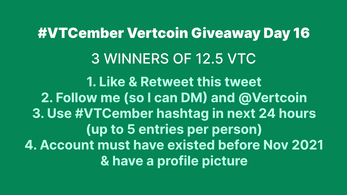 cryptoverted's tweet image. Day 16 of the #VTCember Vertcoin Giveaway!
3 WINNERS of 12.5 VTC!

- Like &amp;amp; RT this tweet
- Follow me (so I can DM) and @Vertcoin
- Use #VTCember hashtag in next 24 hours
- Up to 5 entries per person

#Vertcoin $VTC #VertArmy