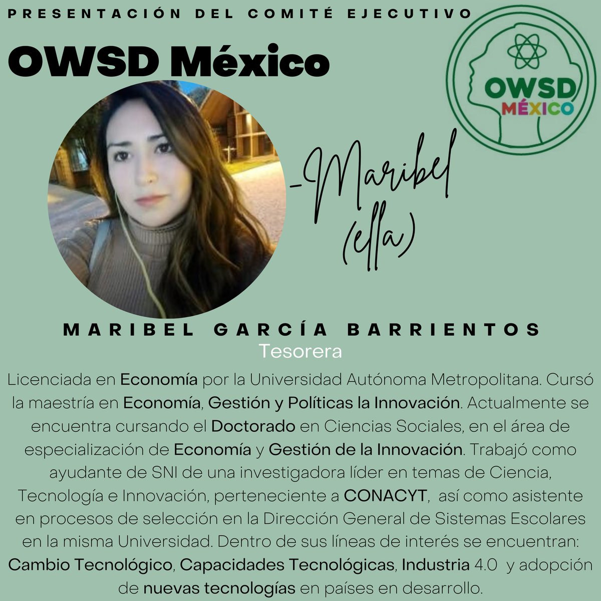 📢Conoce a <a href="/MaribelgbE/">Maribel García</a> 👩‍💻Tesorera del Capítulo, Maribel cree y apoya la lucha por disminuir la desigualdad de género, en crear oportunidades para insertar a las mujeres en áreas en las que su participación ha sido poco visible #womanforwomen #womeninscience #owsd #owsdmexico 💪