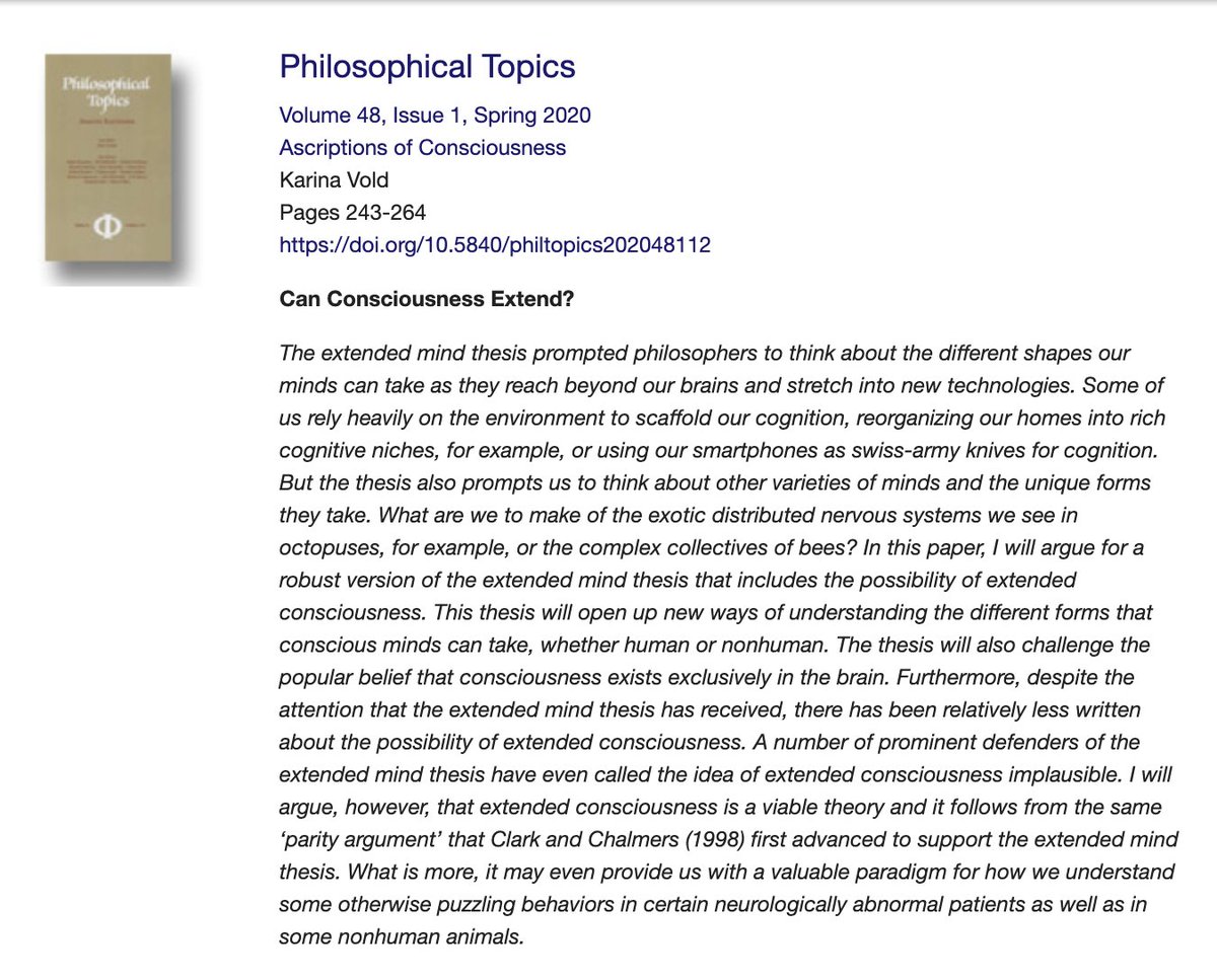karinavold's tweet image. 🚨Chuffed to have a new paper out on extended consciousness! If you're interested in the boundaries of consciousness check out this SI of Phil Topics edited by the great @Dioscuri w superb contributions from @MartaHalina @zoophilosophy @wrwveit +others🧠
👉tinyurl.com/3f4hbfnh