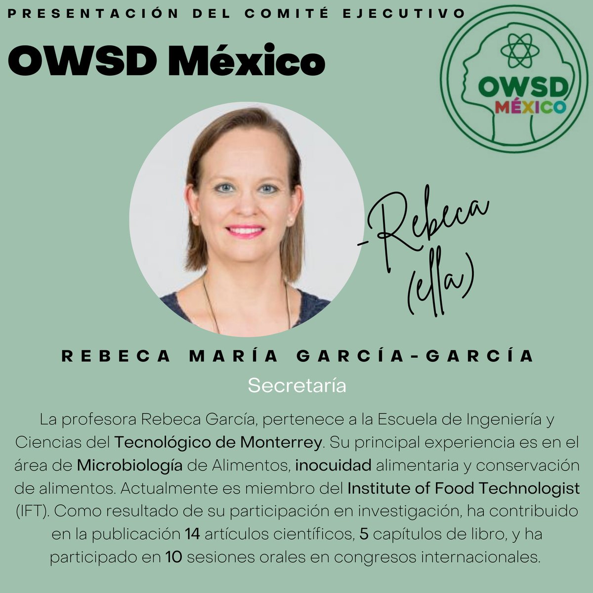 📢Conoce a <a href="/grebecag/">Rebeca María</a> ella es Secretary. Ella participa activamente en redes en pro de inclusión de la mujer, además de participar en programas de mentoreo para niñas interesadas en carreras STEM. Apasionada de la docencia 👩‍💻👩‍🔬💪
#womanforwomen #womeninscience #owsd #owsdmexico